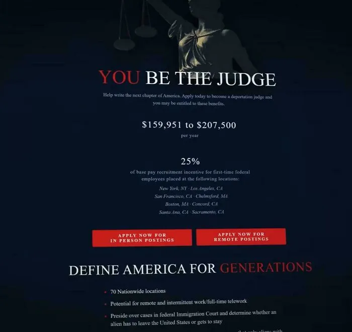 Job posting for a deportation judge, highlighting the American Dream's dystopian nightmare.