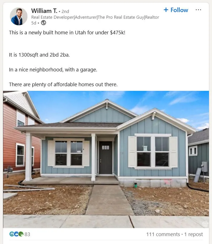 A photo of a newly built home in Utah, part of a post suggesting affordable housing, contrasting with a dystopian American Dream.