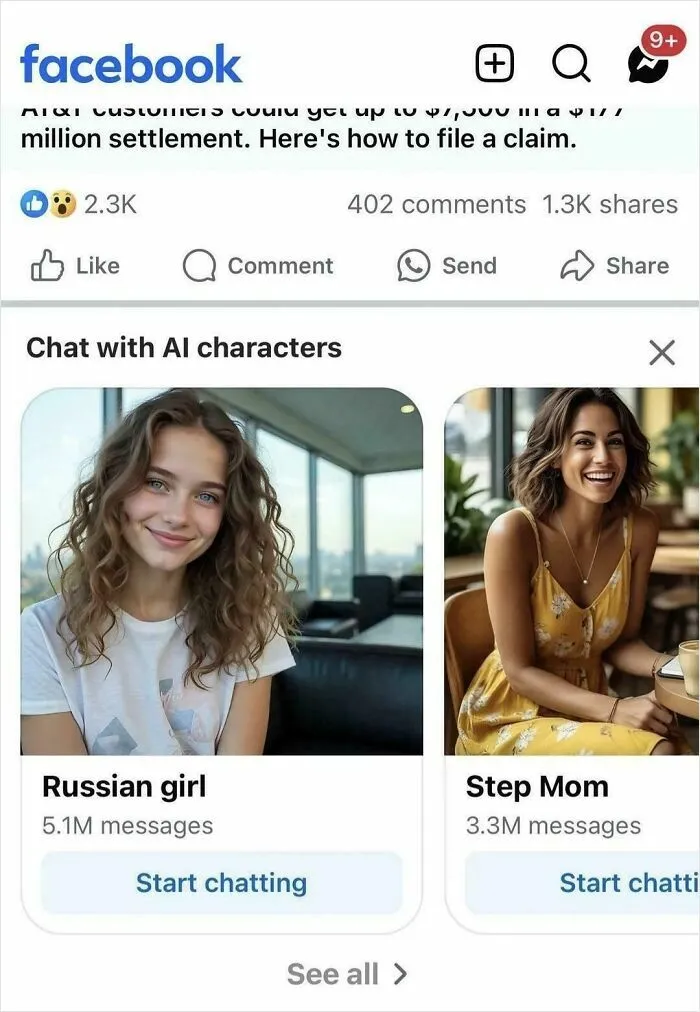 A social media ad showing AI chat characters, highlighting the American Dream as a dystopian nightmare.