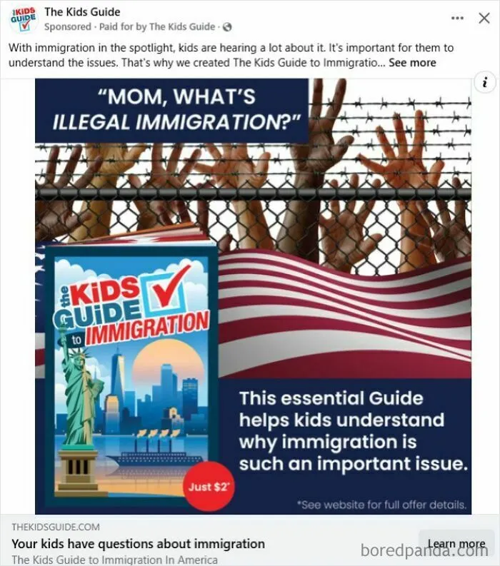 An advertisement for a kids guide to immigration, with hands reaching through a fence, illustrating a dystopian nightmare of immigration issues.