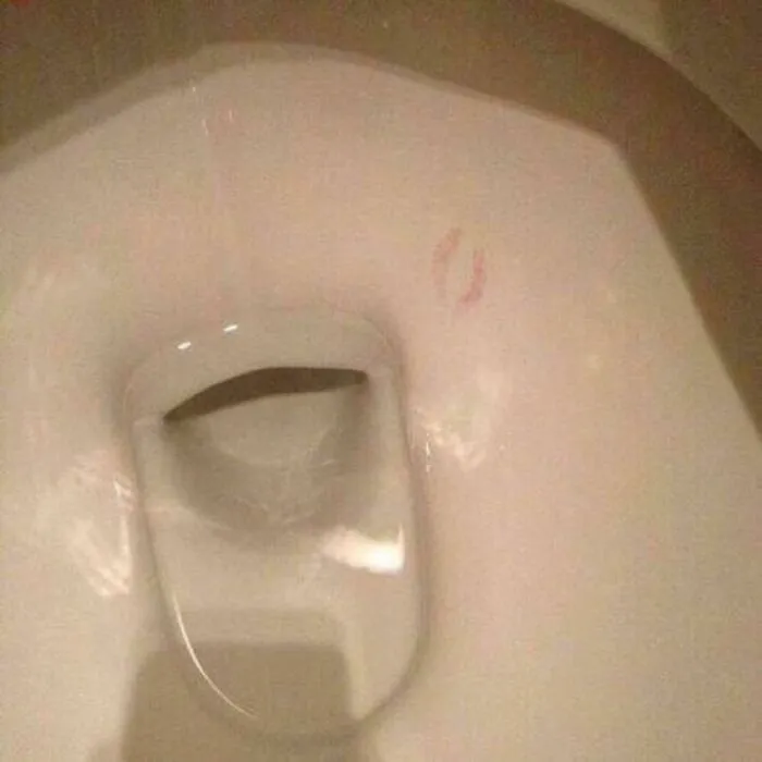A toilet bowl with lipstick marks inside, an unhinged image that makes you go 'hmmm'.