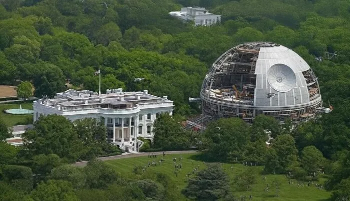 The White House stands beside a partially built Death Star, an unhinged image.