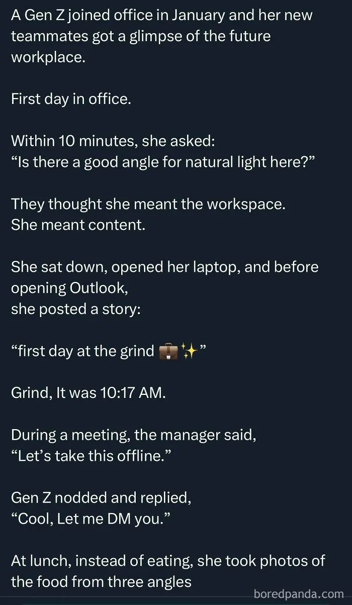 A social media post about embarrassing lies detailing a Gen Zs first day in office and her workplace antics.