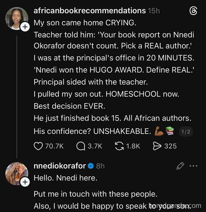 A social media post with embarrassing lies, showing a mother's story about a teacher dismissing a book report and the author's reply.