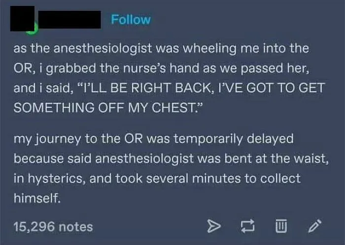A screenshot shows an online post about embarrassing lies: Someone shares a story about making an anesthesiologist laugh hysterically before surgery.