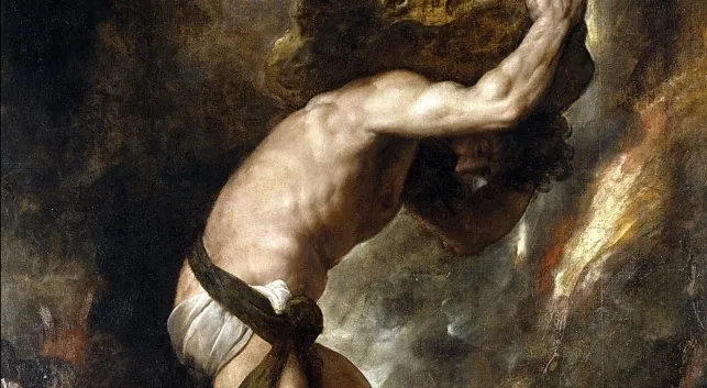 An oil painting of Sisyphus pushing a boulder, embodying the Greek myth of eternal struggle. Basic General Knowledge Quiz.