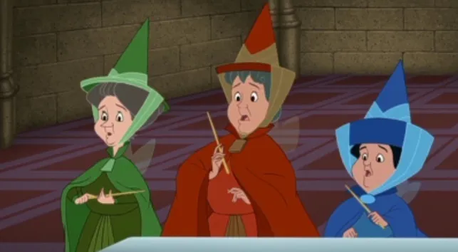 Basic General Knowledge Quiz. Three good fairies from Sleeping Beauty: Flora (red), Fauna (green), and Merryweather (blue).