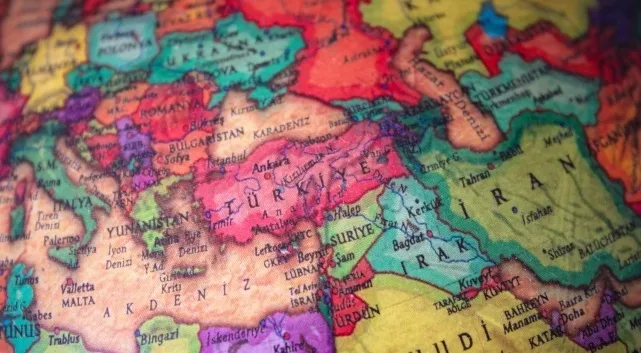 A close-up view of a world map, focusing on Turkey and surrounding countries. Basic general knowledge quiz.