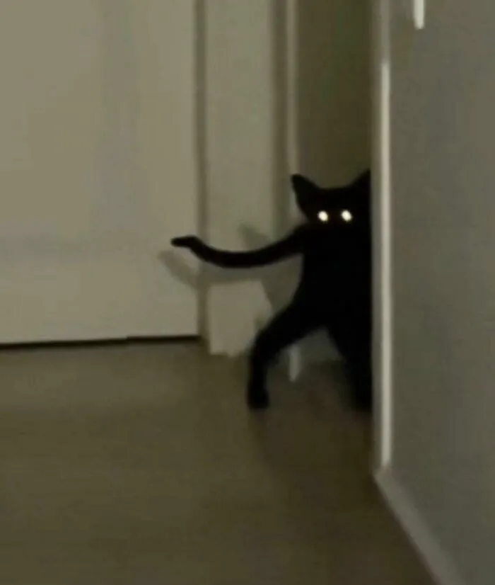 An unhinged image of a black cat with glowing eyes peeking around a doorframe, looking like a cartoon character.