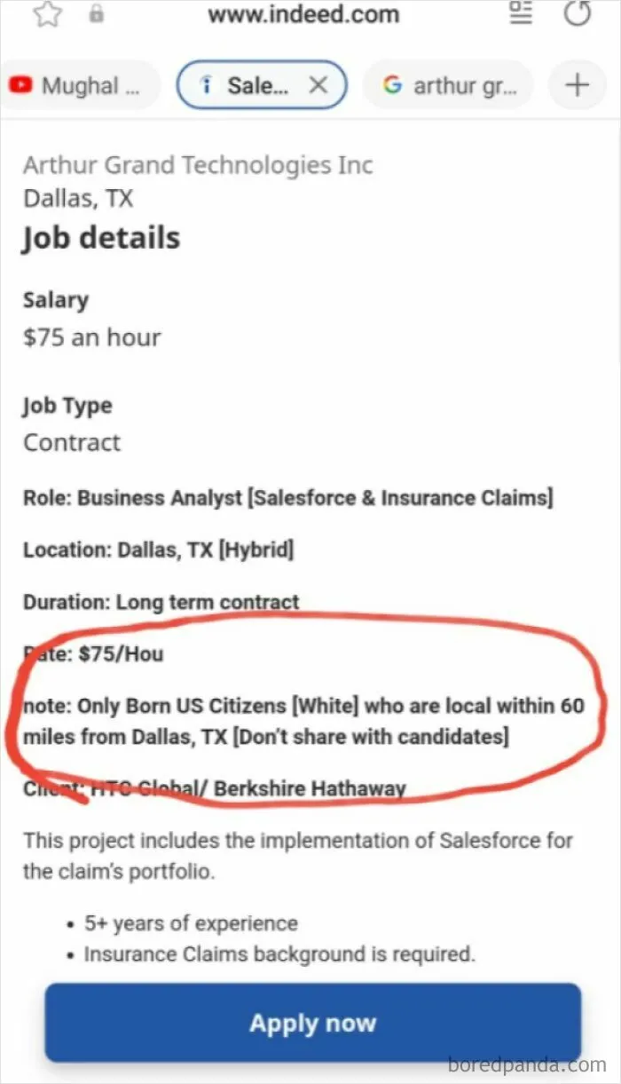A job posting on Indeed with discriminatory requirements, highlighting a dystopian nightmare in employment practices, specifying race and origin.
