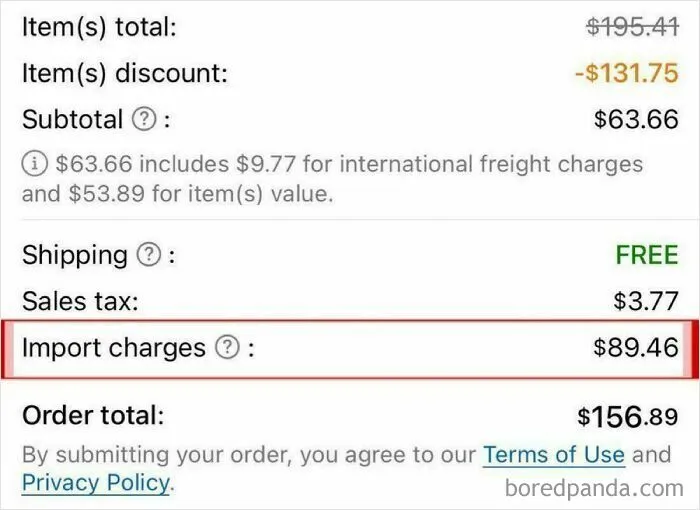 A screenshot of an online order total, showing significant import charges, representing a financial dystopian nightmare.