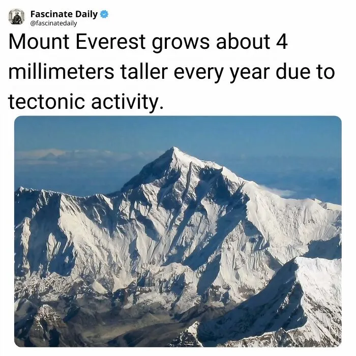Mount Everest growing taller yearly due to tectonic activity
