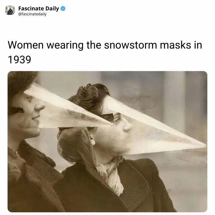 Women wearing 1939 snowstorm masks with long nose cones