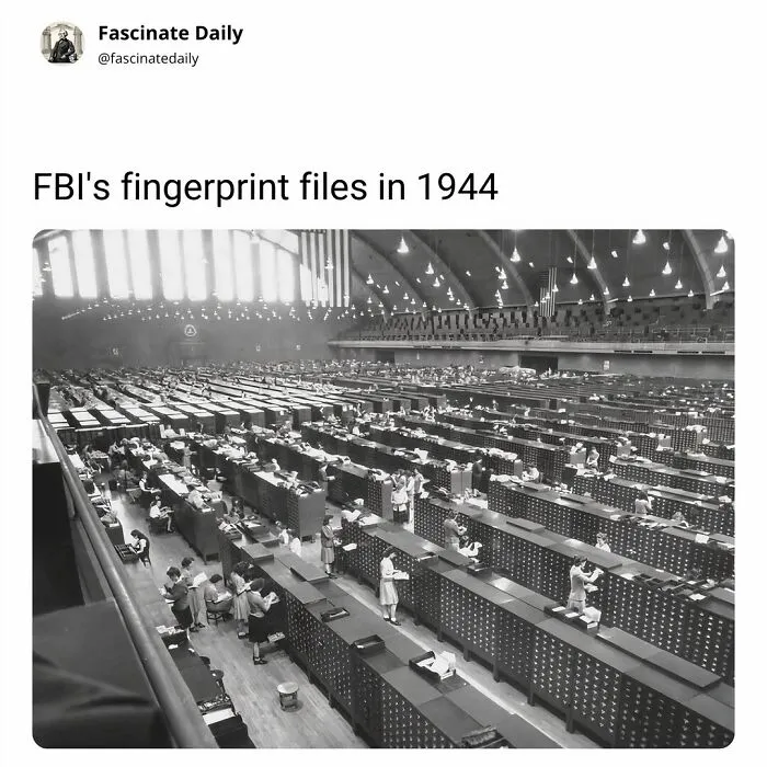 FBI fingerprint files storage and workers in large 1944 archive