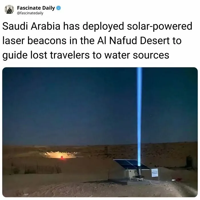 Solar-powered laser beacon in Al Nafud Desert guiding travelers to water in Saudi Arabia