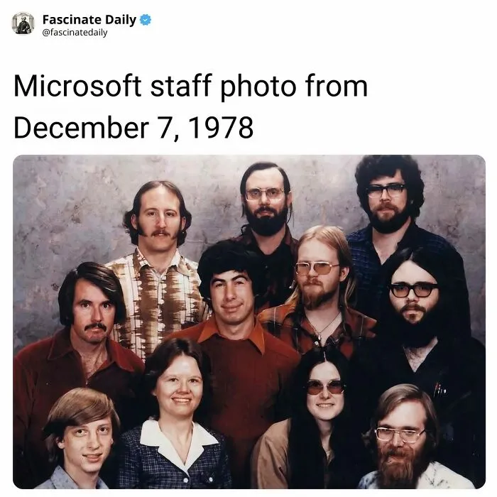Historic Microsoft staff photo from December 7, 1978 showing early team members
