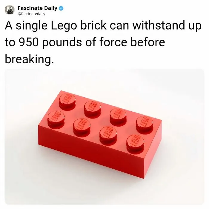 Red Lego brick can withstand up to 950 pounds of force before breaking