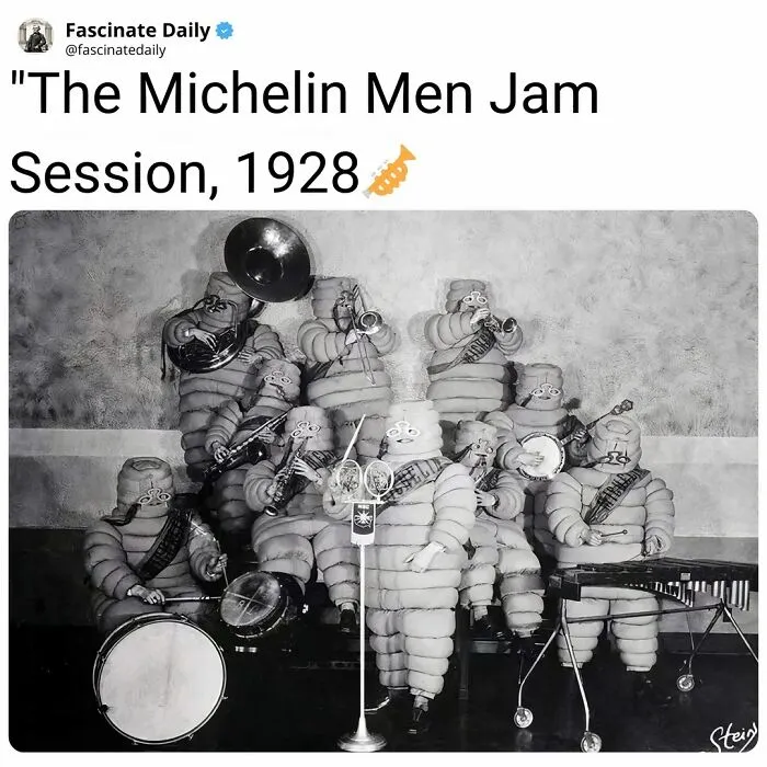 Black and white photo of the Michelin Men Jam Session musical group in 1928