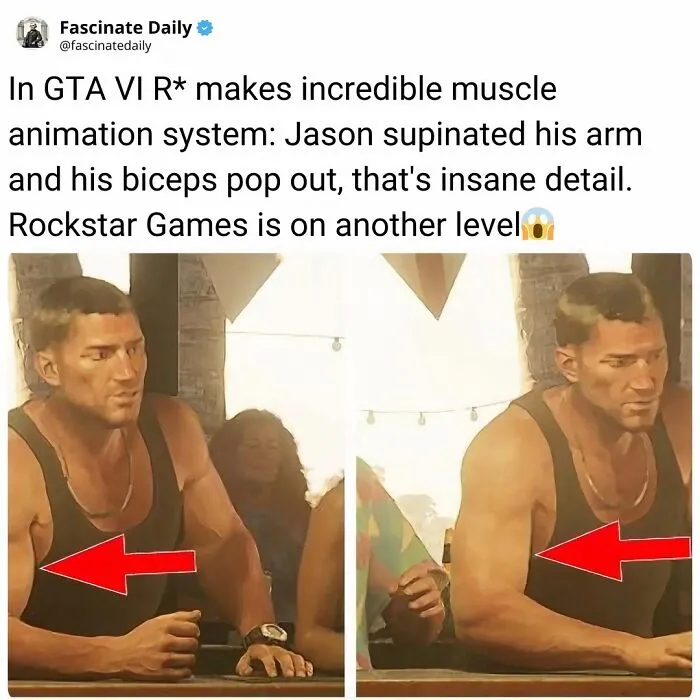 Realistic muscle animation in GTA 6 showing detailed biceps flex