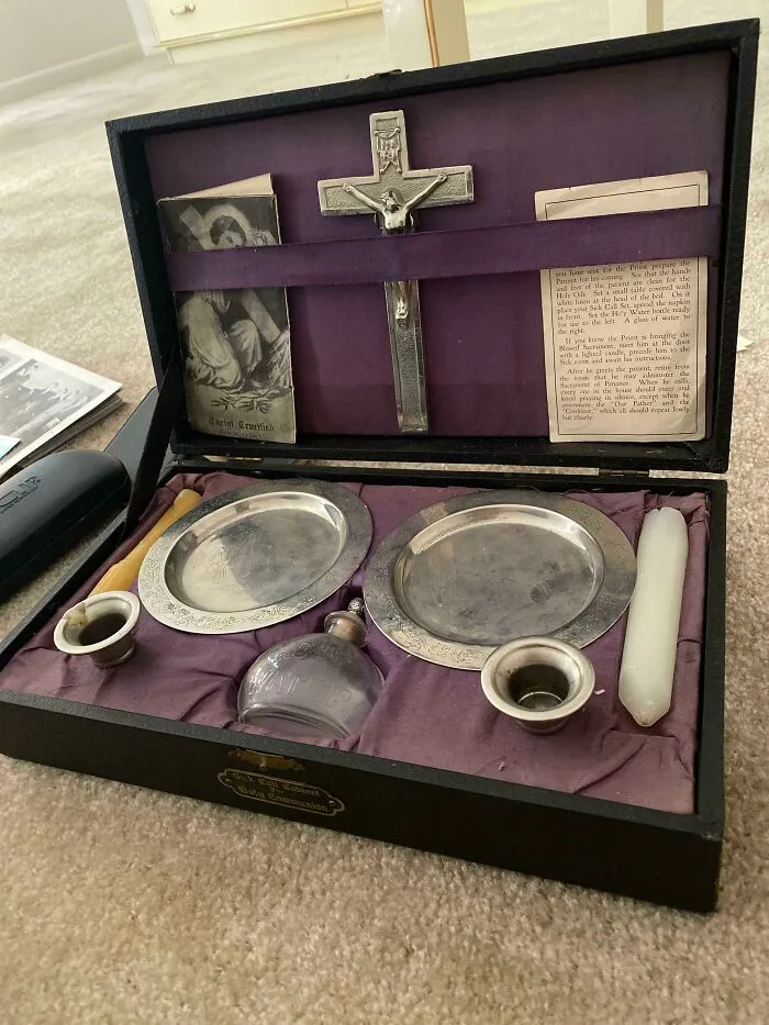 Well I Don’t Know How To Say This But I Bought A Bedroom Set At The Local Gallery And Didn’t Check The Drawers, After Moving It All Up 3 Flights Of Stairs I Found Photo Albums, Notes, Cards, And This Exorcism Kit