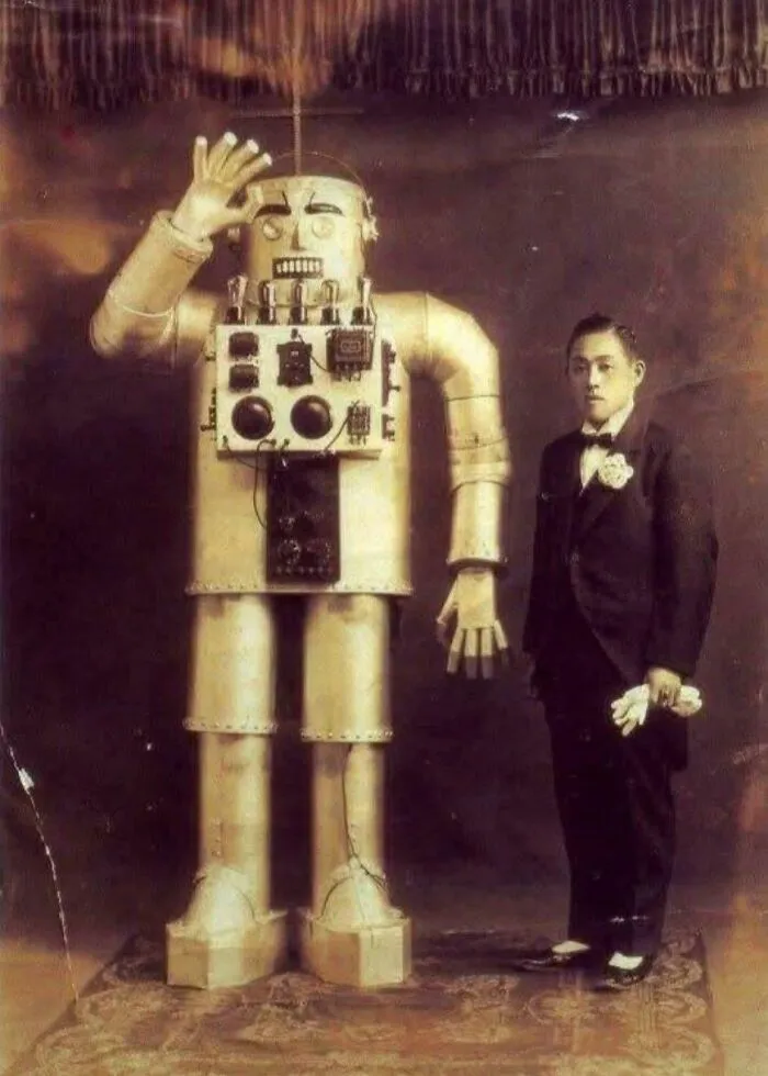 Yasutaro Mitsui With His Steel Humanoid Robot, Tokyo, Japan, 1932