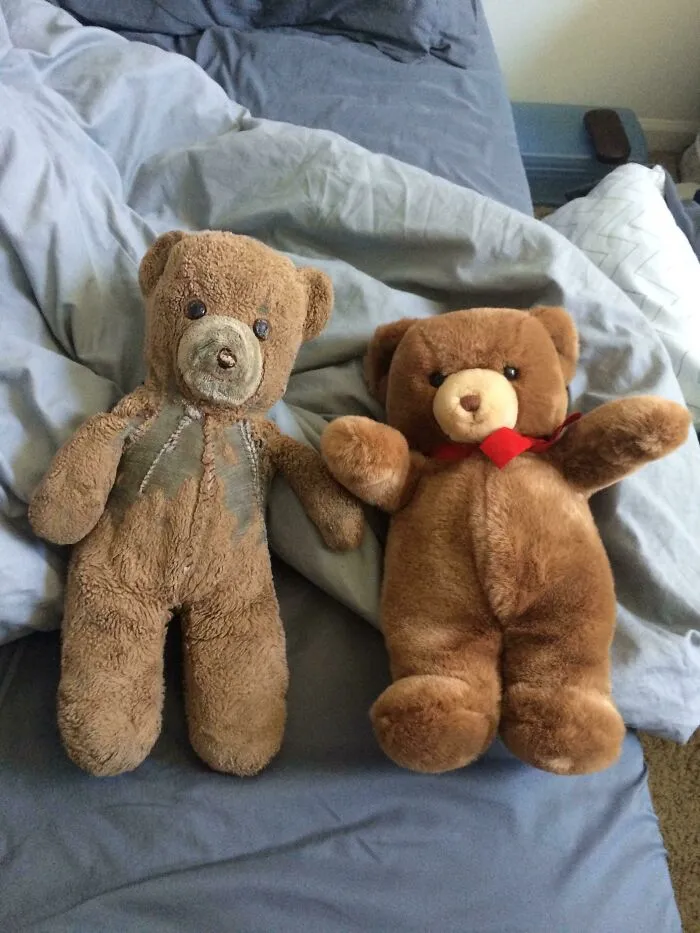 When My Brother Was Born In 1985, My Mother Purchased Two Identical Teddy Bears. The One On The Left Has Been My Brother's For 30 Years, The One On The Right Has Been Kept In Storage For My Brother's First Child Who Was Born Today
