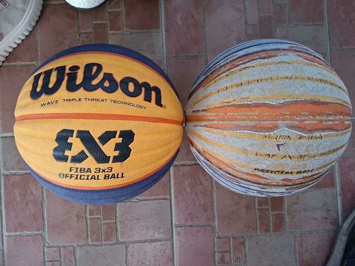 My Old Ball Next To A New One. After 8 Years It Is Time For Well Earned Retirement!