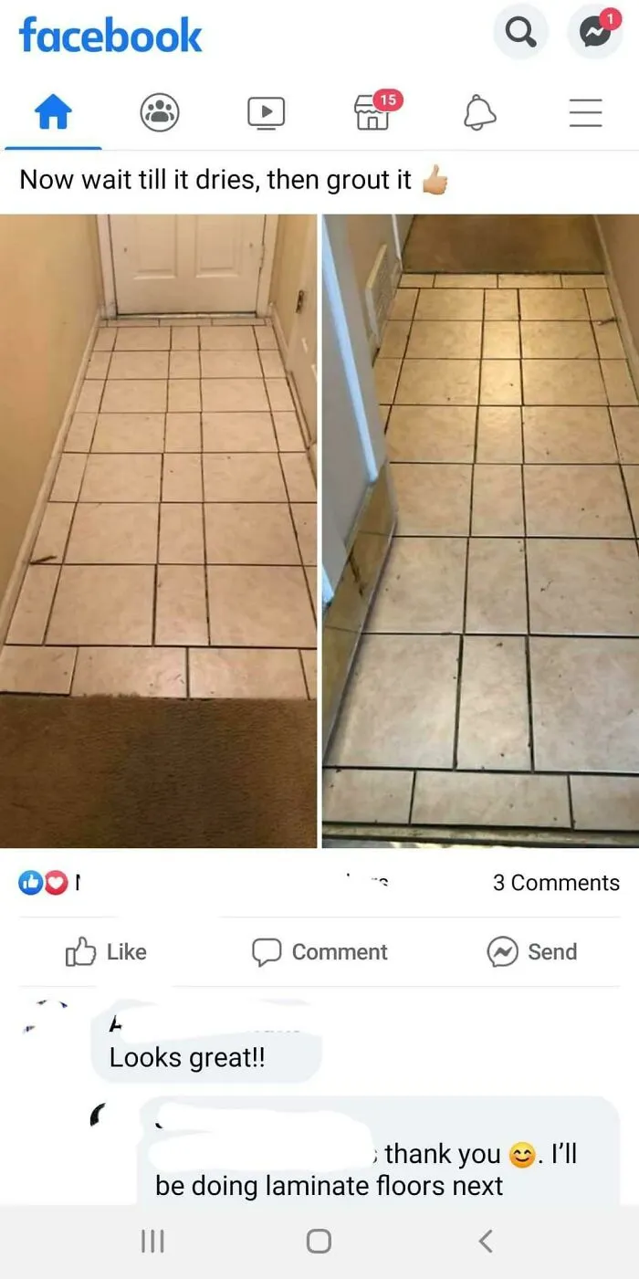 A DIY fail of poorly installed floor tiles in a hallway, showing uneven spacing and alignment.