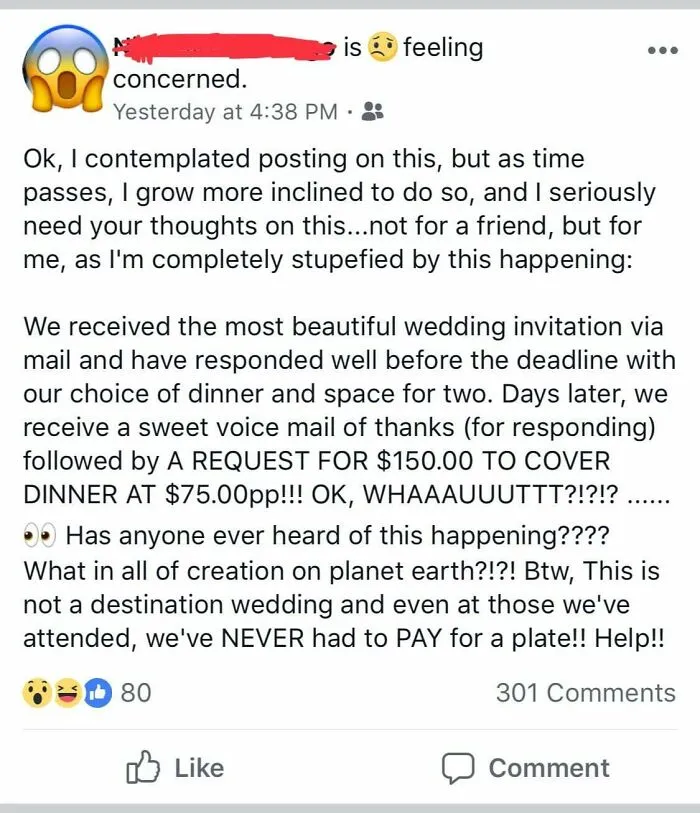 Bride Gets Rsvps For Her Wedding And Only After Does She Tell Everyone Who Replied Yes That They Need To Pay $75 Per Plate