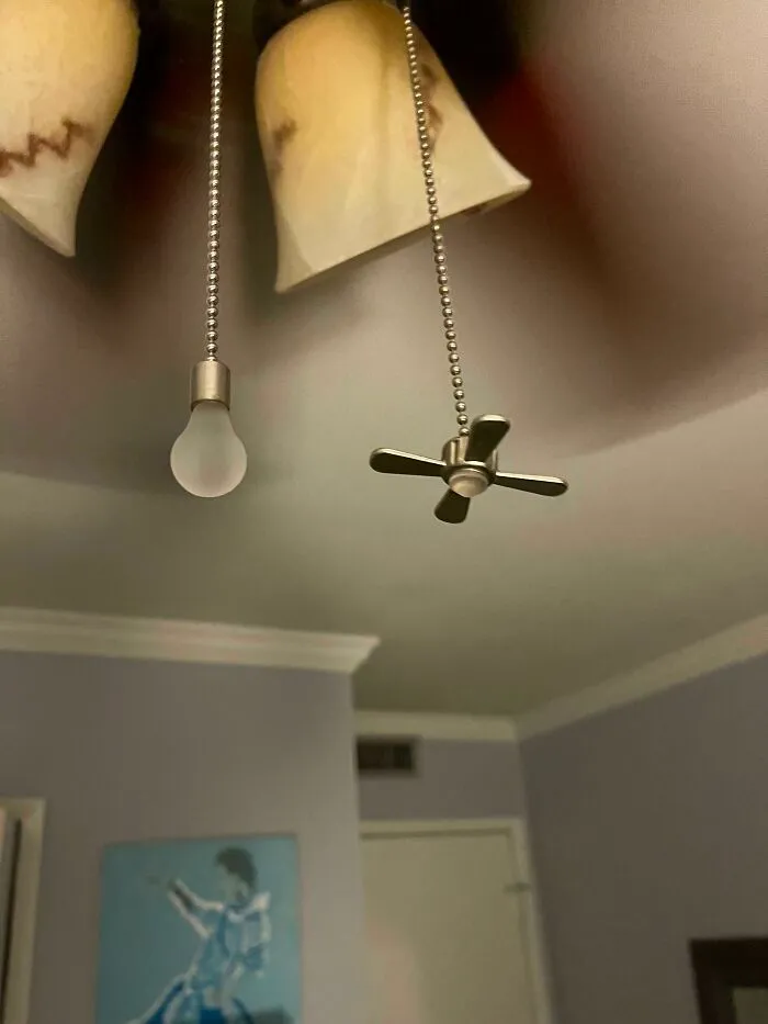 Fan Pull Chains That Have A Light Bulb And Fan Blades At The End To Indicate Which Chain To Pull