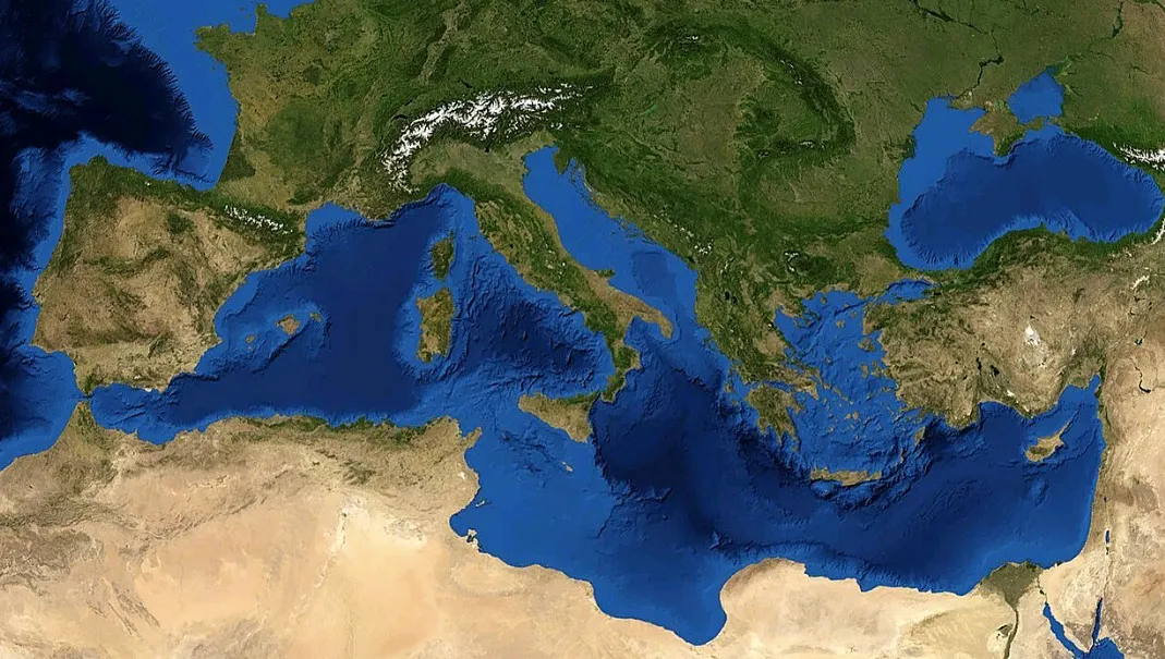 Satellite image showing the Mediterranean Sea separating Europe from Africa, perfect for a geography knowledge quiz.