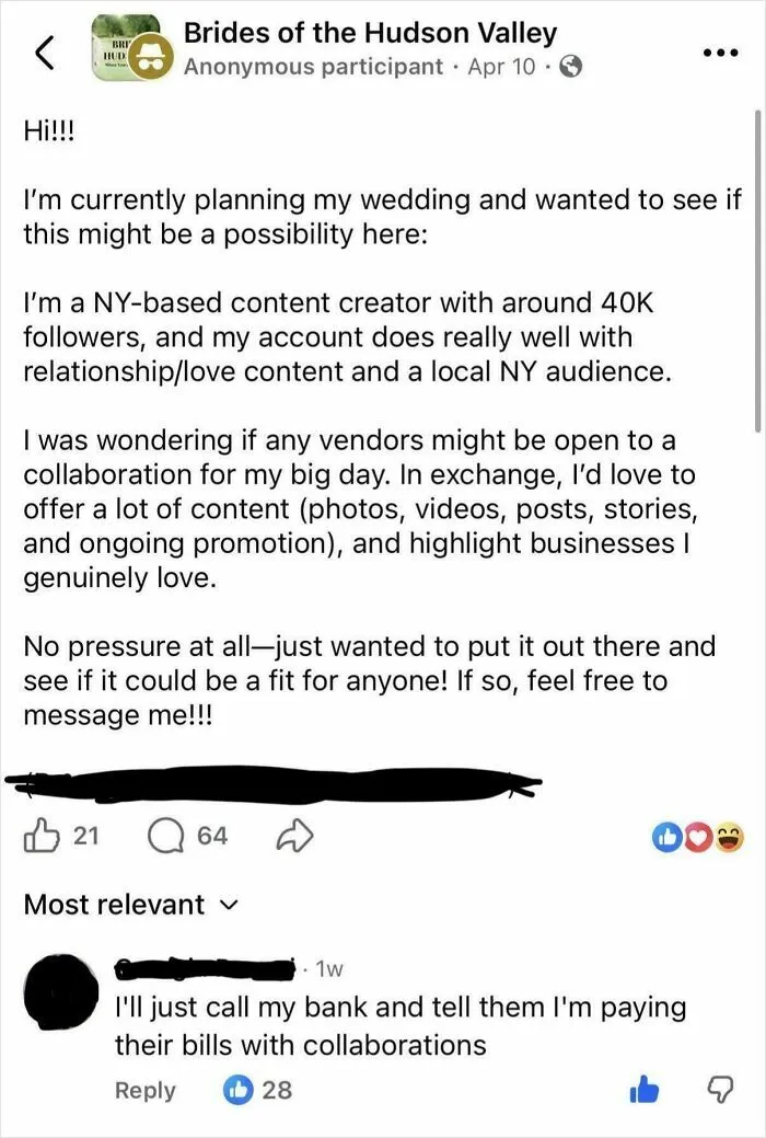 “Influencer” Bride Wants Free Wedding In Exchange For “Exposure”