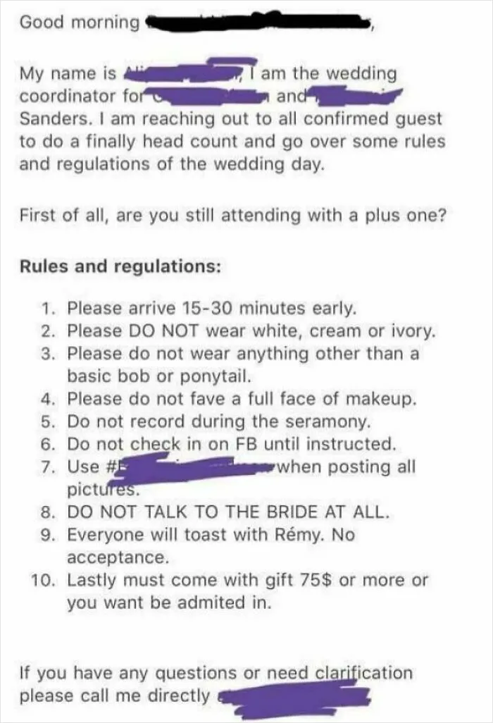Kindly Refrain From Upstaging The Bride On Her Big Day — Oh, And No Admission Without A Gift Of $75 Or More