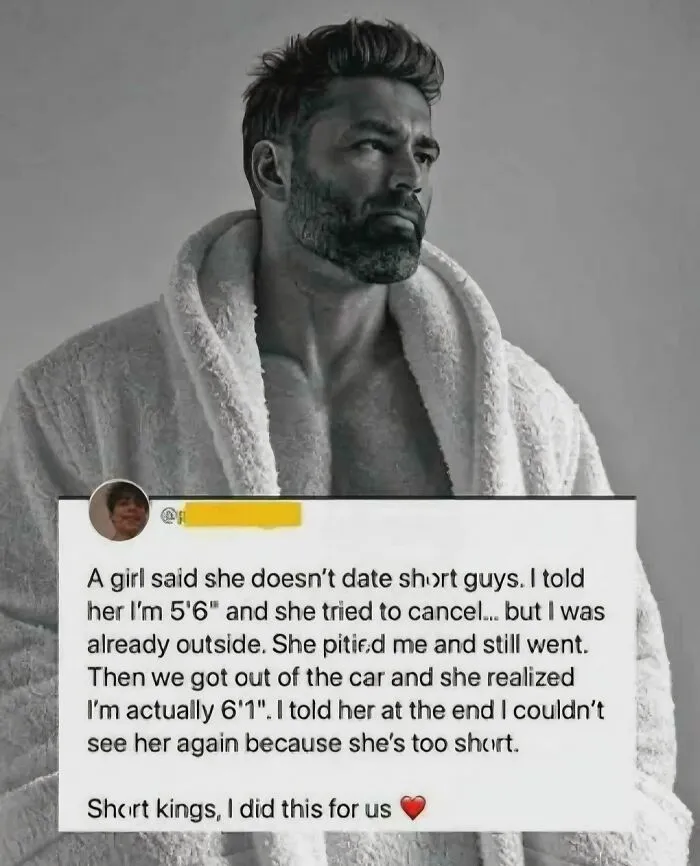 A man in a robe with an embarrassing lie about dating, featuring a height-exaggeration story to make a point.