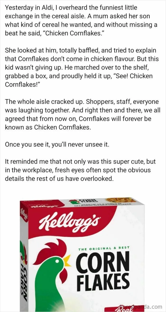A close-up of a Kellogg's Corn Flakes box, highlighting the rooster design in an amusing take on embarrassing lies.