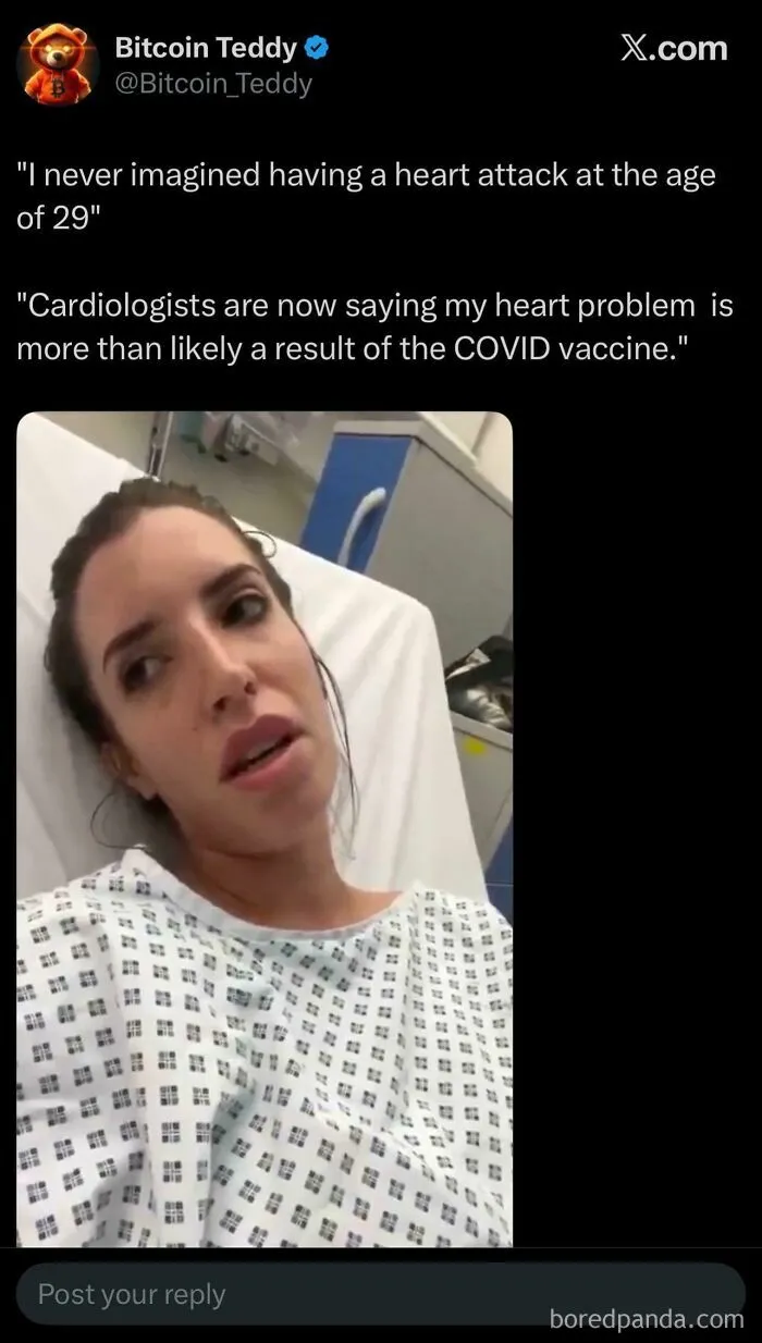 A social media post features a person in a hospital gown claiming a heart attack at 29 from a COVID vaccine, an embarrassing lie.