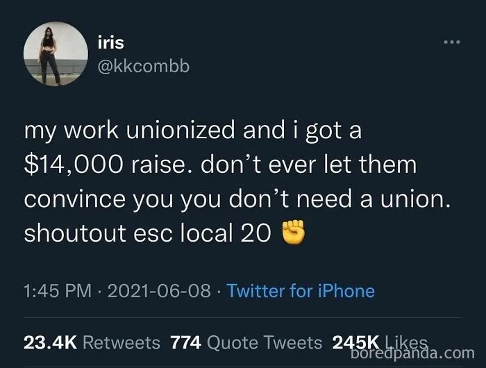 A tweet from @kkcombb about unionization leading to a $14,000 raise, highlighting USA dystopia.