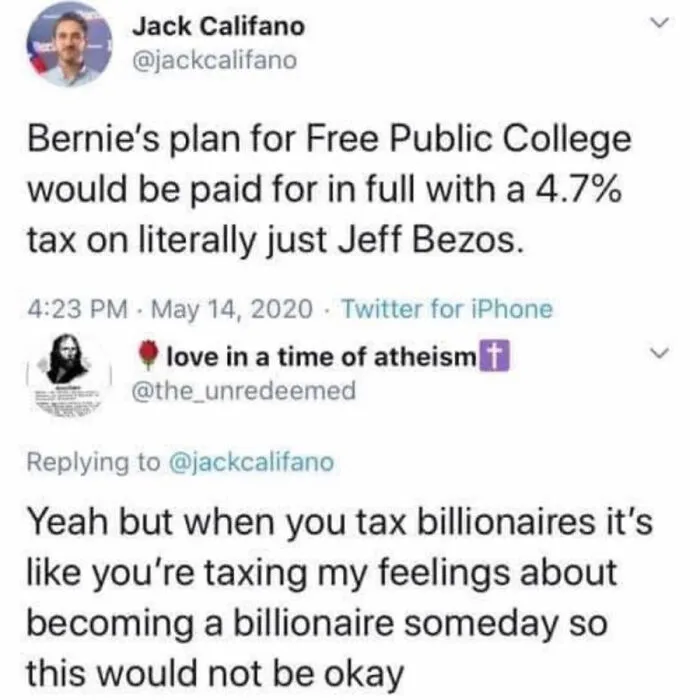 A social media post about taxing billionaires for USA free public college, highlighting disturbing levels of dystopia.