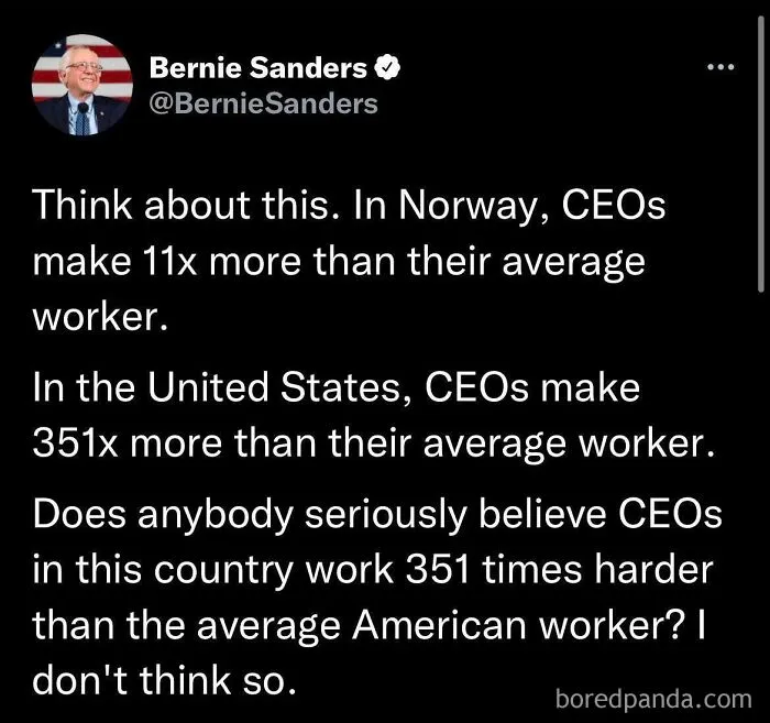 A Bernie Sanders tweet comparing CEO to worker pay in Norway vs. USA, revealing disturbing levels of dystopia.