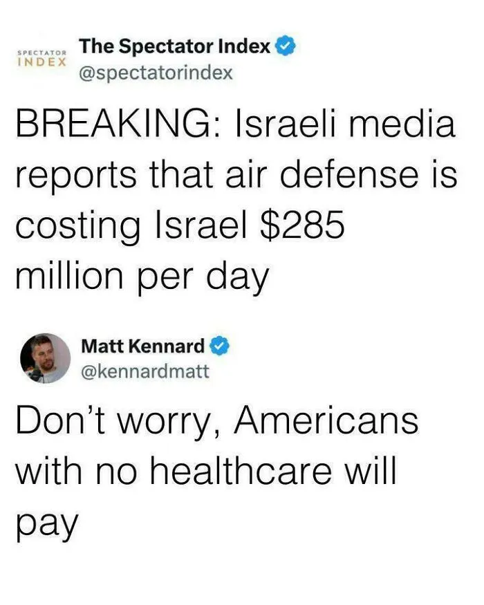 A tweet about Israeli air defense costs and US healthcare issues, emphasizing disturbing levels of dystopia in the USA.