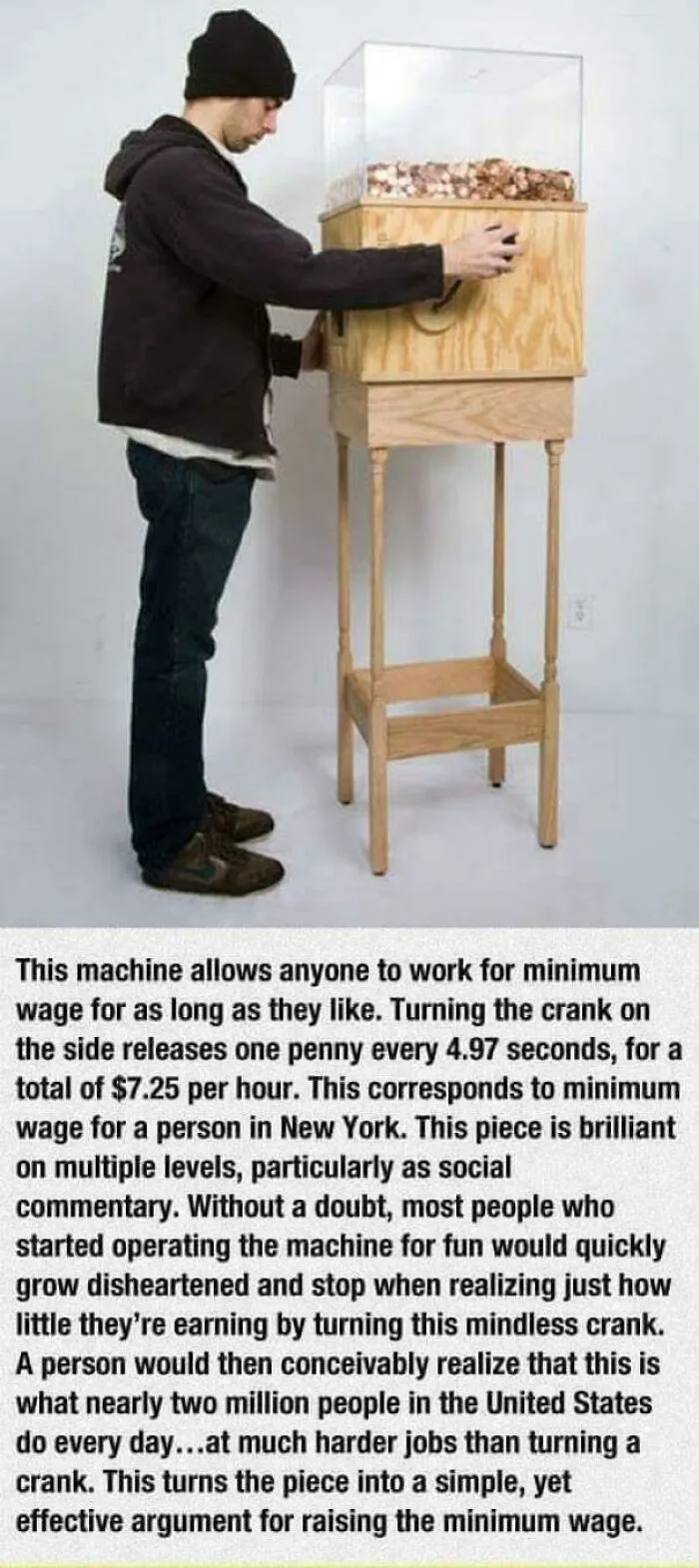 A man operating a machine that dispenses one penny every 4.97 seconds, illustrating the concept of minimum wage and disturbing levels of dystopia.