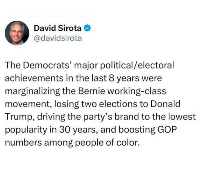 A tweet by David Sirota criticizing the Democrats political achievements, showcasing the disturbing levels of dystopia in the USA.