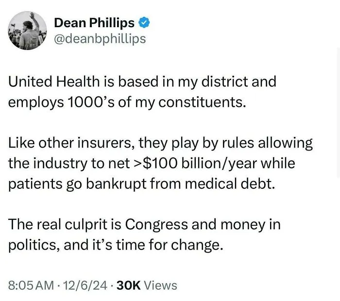 Dean Phillips' tweet about United Health's profits vs. medical debt reveals disturbing levels of dystopia in the USA's healthcare system.