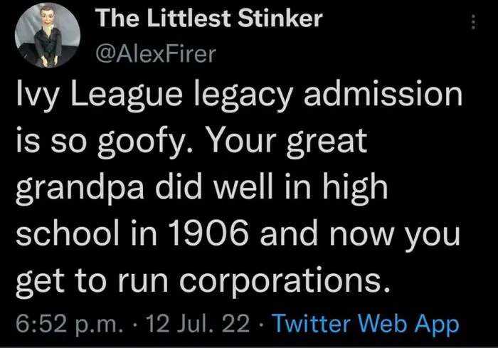 A tweet about Ivy League legacy admission contributing to USA dystopia.