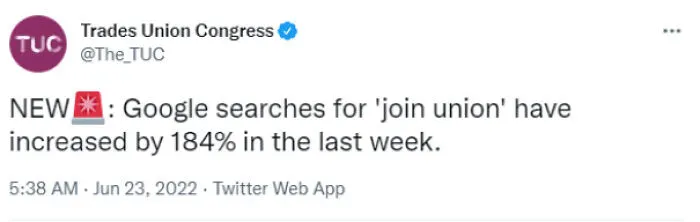 A tweet from Trades Union Congress showing a 184% increase in 'join union' searches, reflecting USA dystopia.