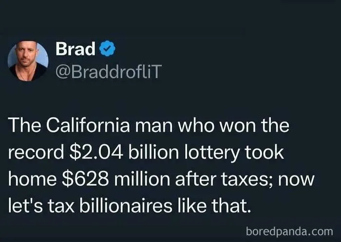 A tweet about a lottery winner's take-home after taxes, highlighting wealth inequality in the USA.