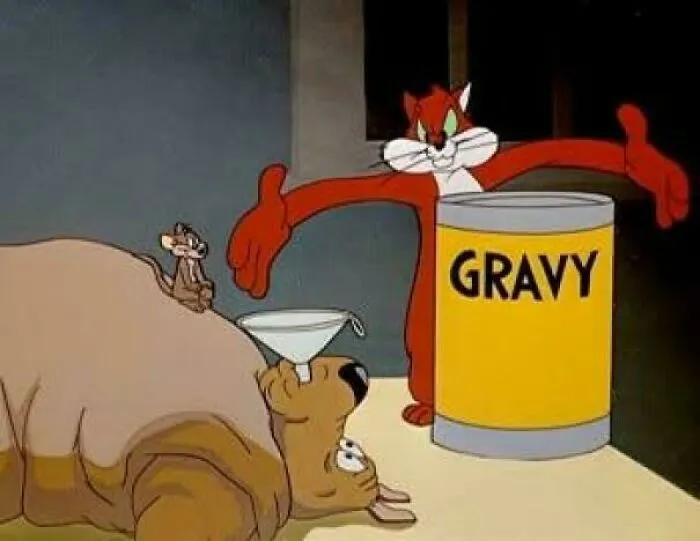Cartoon cat, mouse, and dog characters with large gravy can
