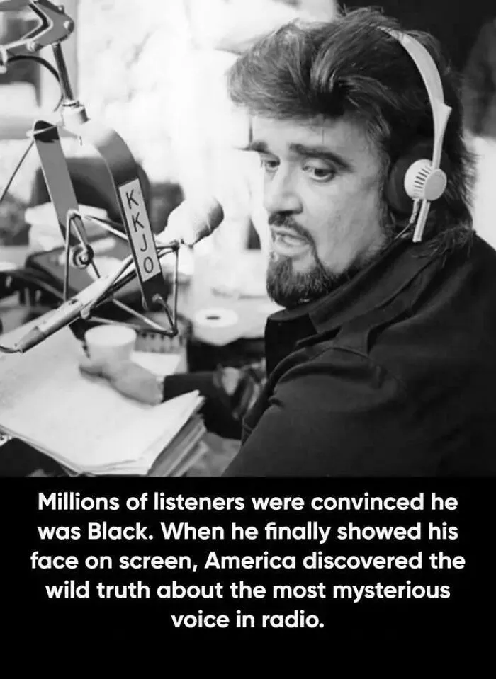 Black and white photo of a radio host revealing the mystery voice in radio