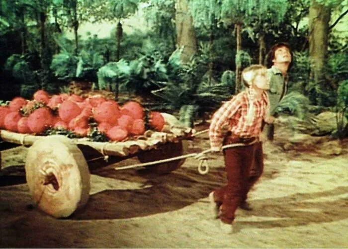 Gen X childhood tastes nostalgic scene with kids and a cart of red fruit in forest