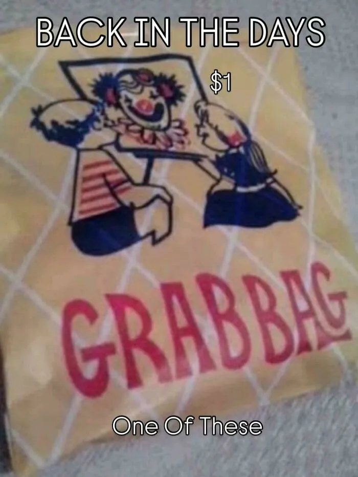Vintage snack pack labeled Grab Bag from Gen X childhood memories